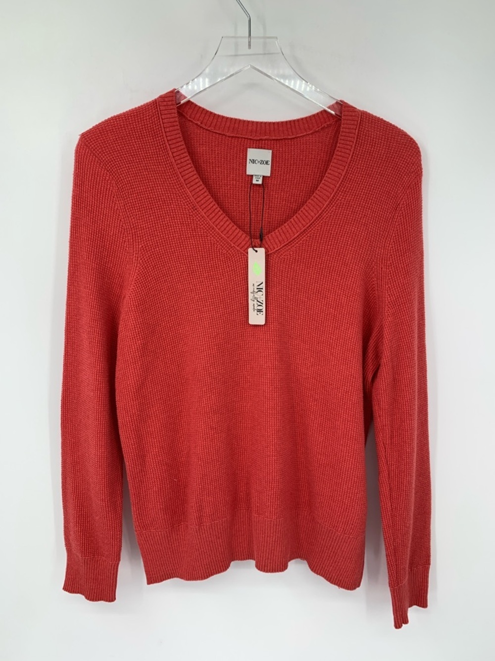 NIC+ZOE Waffle Stitch v-neck sweater top Cinnabar red stretch shirt knit new M